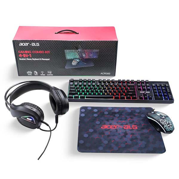 Acer-4-in-1-Wired-Gaming-Combo-1.jpg Acer 4 in 1 Wired Gaming Combo, 7 Color LED Backlit Keyboard, RGB Mouse (1200/1600/2400 DPI), Premium Gaming Headset (50mm Driver, 120dB) with Mixed Light Effect, Fabric Weave Mousepad (Black) - Image 1