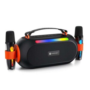 Portronics 25W Apollo 20 Wireless Bluetooth Portable Speaker with Dual Wireless Karaoke Mic, 5 Hour Playtime, RGB LED Light, Bluetooth V5.4, Easy Grab Handle, USB-A Port, Type C Charging (Black)