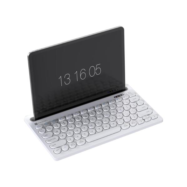 Portronics-Bubble-Dock-2.jpg Portronics Bubble Dock Wireless Keyboard with Tablet Holder, Multi-Device Pairing, Rechargeable Battery,Dual Connectivity(2.4 GHz RF & Bluetooth 5.3v) (White) - Image 1