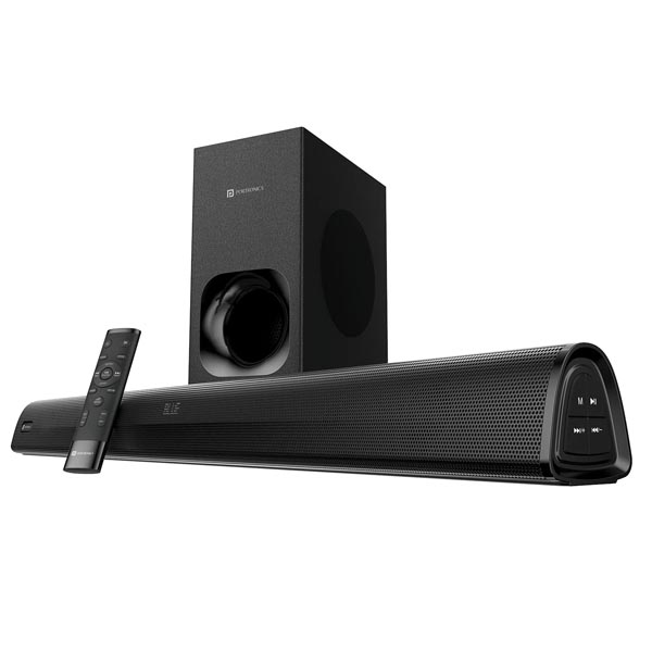 Portronics Pure Sound 105 200W Bluetooth Soundbar with Wired Subwoofer for Deep Bass, 2.1 Channel Home Theatre, HD Sound,3 EQ Modes, BT 5.3V,HDMI, Optical, AUX, USB Port, Sleek Remote Control (Black) Portronics Pure Sound 105 200W Bluetooth Soundbar with Wired Subwoofer for Deep Bass, 2.1 Channel Home Theatre, HD Sound,3 EQ Modes, BT 5.3V,HDMI, Optical, AUX, USB Port, Sleek Remote Control (Black)