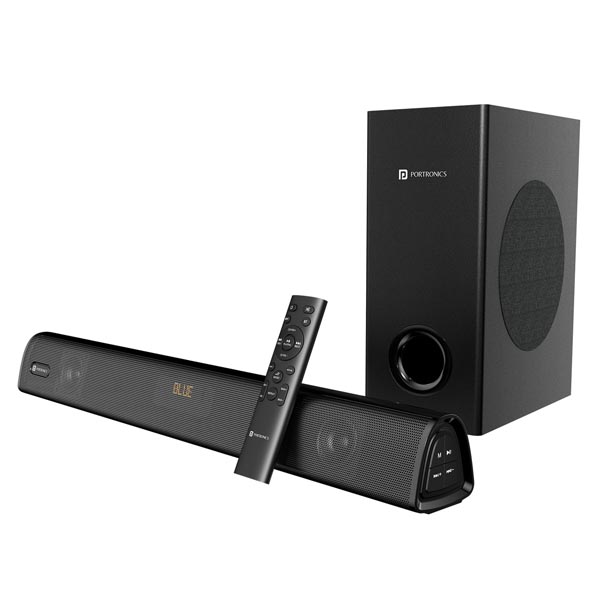 Portronics Pure Sound 106 120W Bluetooth Soundbar with Wired Subwoofer for Deep Bass, 2.1 Channel Home Theatre, HD Sound,3 EQ Modes, BT 5.3V,HDMI, AUX in, USB Port, Sleek Remote Control (Black) Portronics Pure Sound 106 120W Bluetooth Soundbar with Wired Subwoofer for Deep Bass, 2.1 Channel Home Theatre, HD Sound,3 EQ Modes, BT 5.3V,HDMI, AUX in, USB Port, Sleek Remote Control (Black)
