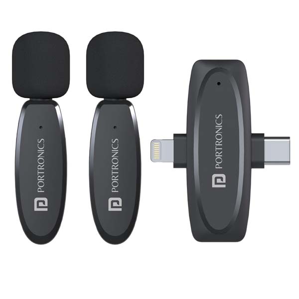 Portronics Vlogmate Dual Mic Omnidirectional Wireless Microphone with Type C & 8 Pin Receiver, Noise Cancellation, Plug & Play, Lapel Wireless Mic for Video Recording, Supports Type C Android, iPhone