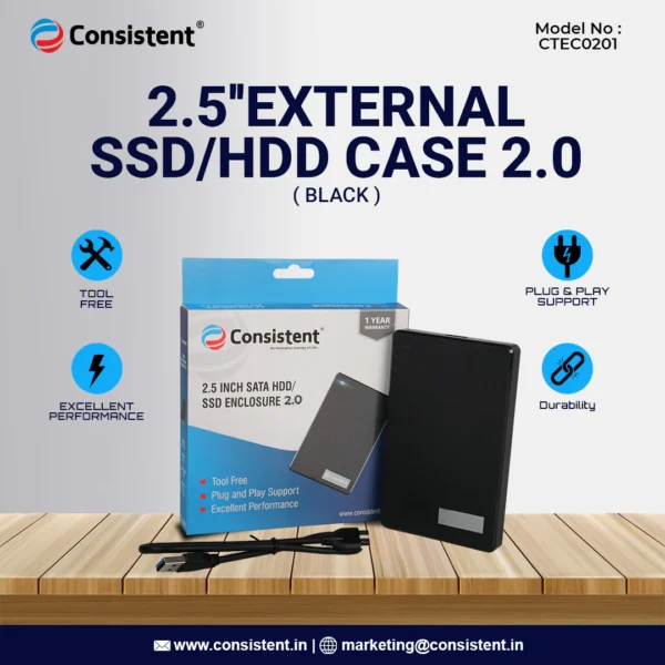 Consistent 2.5ich SATA HDD/ SSD Enclosure 2.0 Portable External Hard Disk Enclosure 7 MM and 9.5 MM Tool Free, Supports