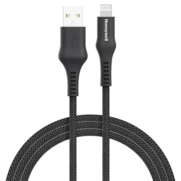 honeywell-usb-a-to-lightning-4-feet-12m-nylon-braided-cable-.jpg Honeywell USB A to Lightning, 4 Feet (1.2M), Nylon Braided Cable, MFI-certified, QC3.0, 2.4 A Max Output, Fast Charge & Sync Cable for iPhone, iPad, AirPods – Black - Image 1