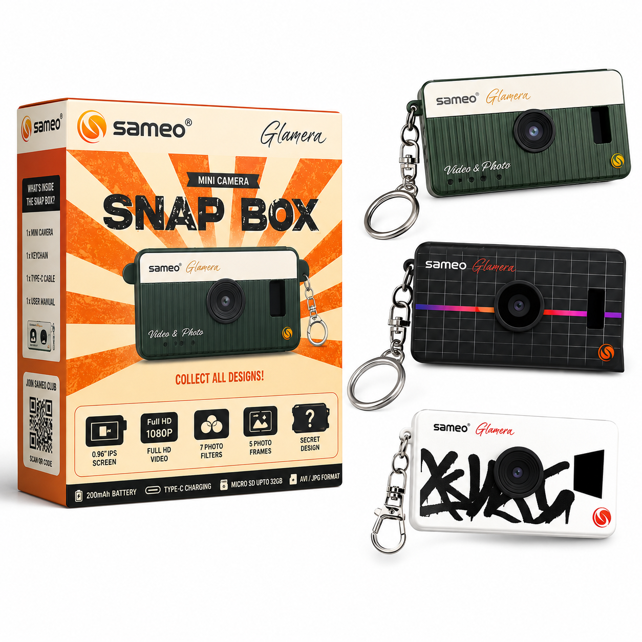 SAMEO Glamera Snap Box Mini Camera – 1 PC Random Design | 1080P Full HD Video, 12MP Photos, 7 Photo Filters, 0.96″ IPS Display, Rechargeable Keychain Camera SAMEO Glamera Snap Box Mini Camera – 1 PC Random Design | 1080P Full HD Video, 12MP Photos, 7 Photo Filters, 0.96″ IPS Display, Rechargeable Keychain Camera