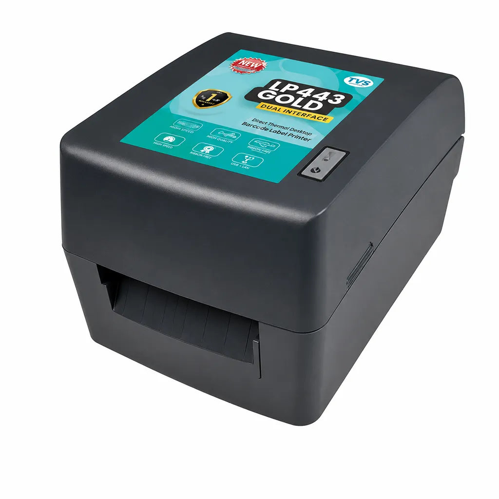 tvs-electronics-lp443-gold-300-dpi-thermal-transfer-barcode-label-printer.jpg TVS Electronics LP443 Gold 300 DPI Thermal Transfer Barcode Label Printer with USB & Serial - Image 1