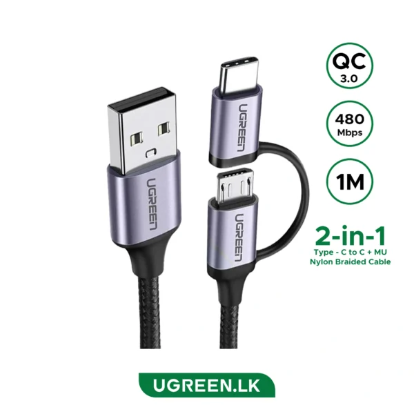 UGREEN US177 USB-A to Micro USB + USB Type-C Cable 1m (Black)-30875 UGREEN US177 USB-A to Micro USB + USB Type-C Cable 1m (Black)-30875