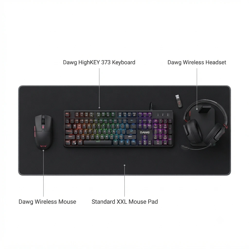 Dawg Gaming Combo – Gaming Keyboard, Wireless Mouse, Gaming Headset & XXL Mouse Pad