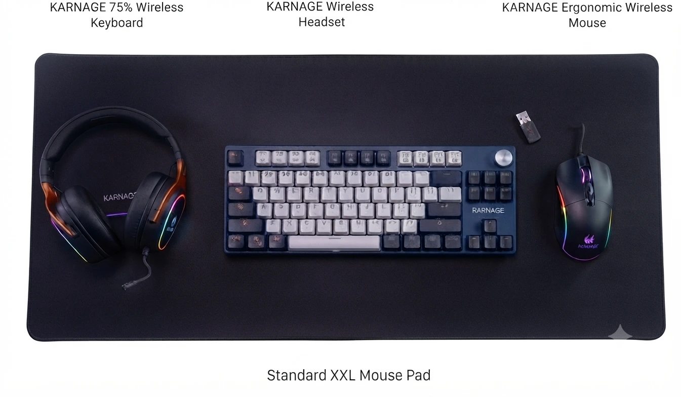 Karnage Gaming Combo – Mechanical Keyboard, Wireless Mouse, Gaming Headset & XXL Mouse Pad Karnage Gaming Combo – Mechanical Keyboard, Wireless Mouse, Gaming Headset & XXL Mouse Pad
