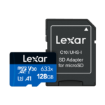 Lexar 128GB 633x microSDXC | UHS-l Blue Series C10 V30 A1 U3 – upto 100MB/s Read & 45MB/s Write, includes adapter, 10 Year Limited Warranty (LSDMI128BB633A) Lexar 128GB 633x microSDXC | UHS-l Blue Series C10 V30 A1 U3 – upto 100MB/s Read & 45MB/s Write, includes adapter, 10 Year Limited Warranty (LSDMI128BB633A)