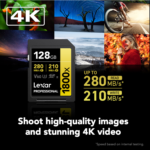 Lexar 128GB Professional 1800x GOLD Series SDXC UHS-II | A2 V60 U3 C10, upto 280MB/s read & 210MB/s write, Limited Lifetime Warranty | LSD1800128G-BNNNG