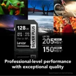 Lexar 128GB Professional SILVER PLUS SDXC U3 V30 C10 UHS-I Card | 205MB/s Read & 150MB/s Write | Limited Lifetime Warranty | LSDSIPL128G-BNNNG