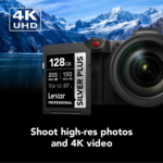 Lexar 128GB Professional SILVER PLUS SDXC U3 V30 C10 UHS-I Card | 205MB/s Read & 150MB/s Write | Limited Lifetime Warranty | LSDSIPL128G-BNNNG