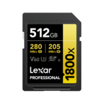Lexar 512GB Professional 1800x GOLD Series SDXC UHS-II | A2 V60 U3 C10, upto 280MB/s read & 205MB/s write, Limited Lifetime Warranty | LSD1800512G-BNNNG