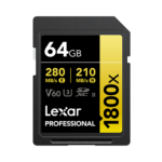 Lexar 64GB Professional 1800x GOLD Series SDXC UHS-II | A2 V60 U3 C10, upto 280MB/s read & 210MB/s write, Limited Lifetime Warranty | LSD1800064G-BNNNG