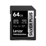 Lexar 64GB Professional SILVER PLUS SDXC Card | U3 V30 C10, 205MB/s Read & 100MB/s Write | Limited Lifetime Warranty | LSDSIPL064G-BNNNG