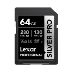 Lexar 64GB Professional SILVER PRO SDXC UHS-II Card | V60 U3 C10, Up to 280MB/s Read & 130MB/s Write | Limited Lifetime Warranty | LSDSIPR064G-BNNNG