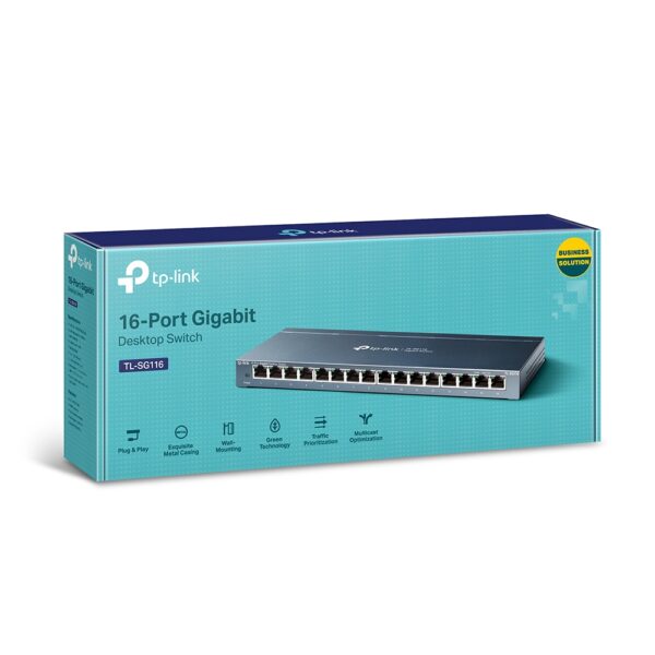 Tp-Link TL-SG116 16 Port Gigabit Ethernet Network Switch, Desktop/ Wall-Mount, Fanless, Sturdy Metal w/ Shielded Ports, Traffic Optimization, Unmanaged, Black